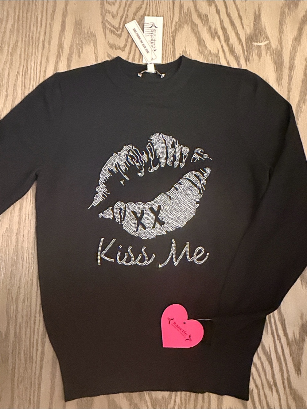 Nanette Lepore Black Crewneck Sweater with Rhinestone Lip Graphic